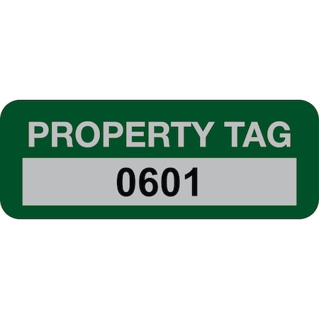 Lustre-Cal Property ID Label PROPERTY TAG5 Alum Green 2in x 0.75in Serialized 0601-0700, 100PK 253740Ma1G0601